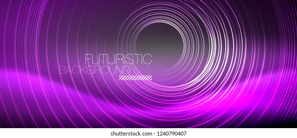 Neon circles abstract background, shiny lines, vector techno design