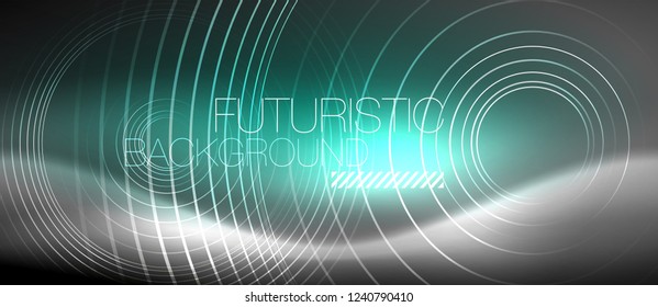 Neon circles abstract background, shiny lines, vector techno design