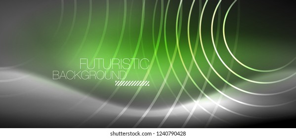 Neon circles abstract background, shiny lines, vector techno design