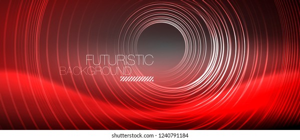 Neon circles abstract background, shiny lines, vector techno design