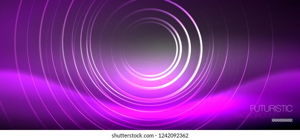 Neon circles abstract background, shiny lines, vector techno design