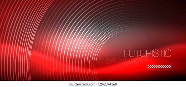 Neon circles abstract background, shiny lines, vector techno design