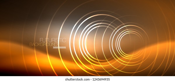 Neon circles abstract background, shiny lines, vector techno design