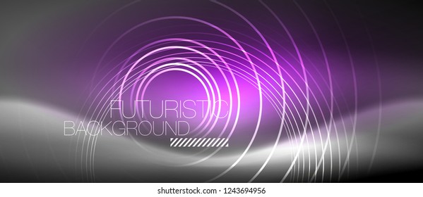 Neon circles abstract background, shiny lines, vector techno design