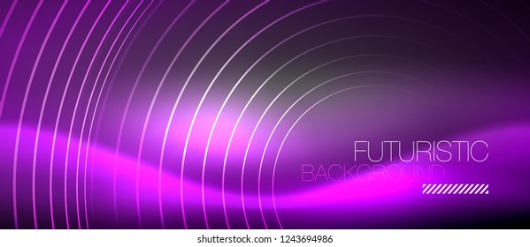 Neon circles abstract background, shiny lines, vector techno design