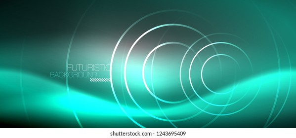 Neon circles abstract background, shiny lines, vector techno design