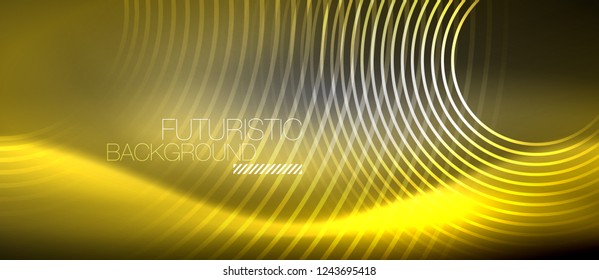 Neon circles abstract background, shiny lines, vector techno design