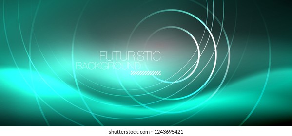 Neon circles abstract background, shiny lines, vector techno design