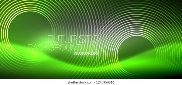 Neon circles abstract background, shiny lines, vector techno design
