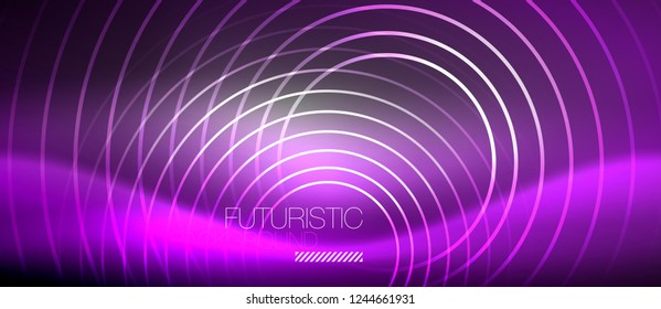 Neon circles abstract background, shiny lines, vector techno design
