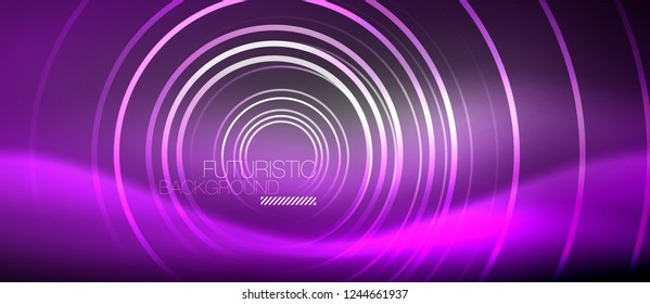 Neon circles abstract background, shiny lines, vector techno design