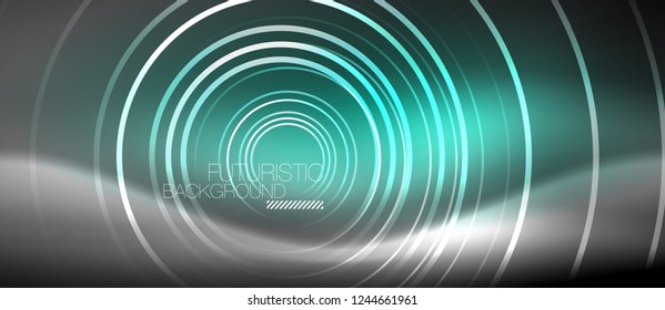 Neon circles abstract background, shiny lines, vector techno design
