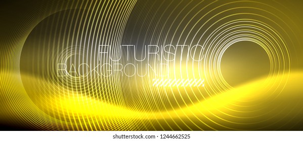 Neon circles abstract background, shiny lines, vector techno design