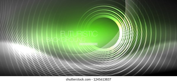 Neon circles abstract background, shiny lines, vector techno design