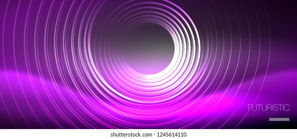 Neon circles abstract background, shiny lines, vector techno design