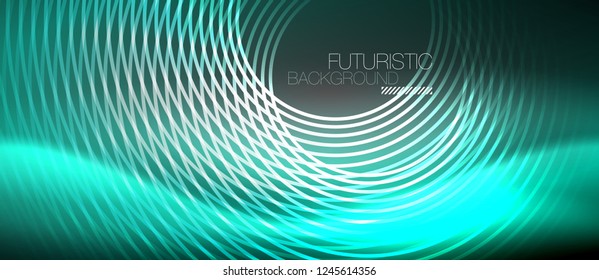 Neon circles abstract background, shiny lines, vector techno design