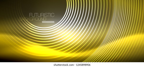 Neon circles abstract background, shiny lines, vector techno design