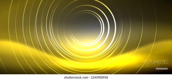 Neon circles abstract background, shiny lines, vector techno design