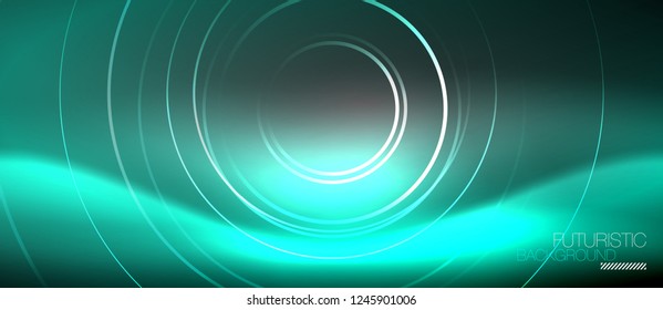 Neon circles abstract background, shiny lines, vector techno design