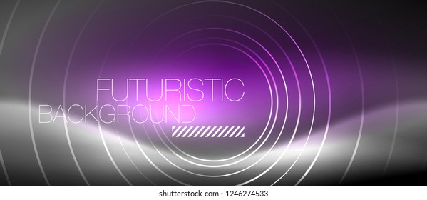 Neon circles abstract background, shiny lines, vector techno design