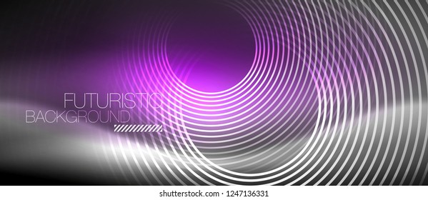 Neon circles abstract background, shiny lines, vector techno design