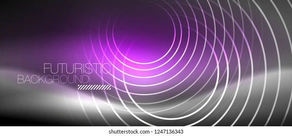 Neon circles abstract background, shiny lines, vector techno design