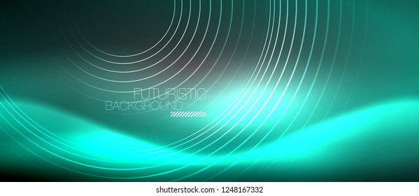 Neon circles abstract background, shiny lines, vector techno design