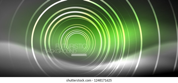 Neon circles abstract background, shiny lines, vector techno design
