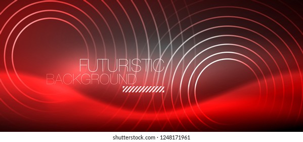Neon circles abstract background, shiny lines, vector techno design