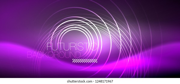 Neon circles abstract background, shiny lines, vector techno design