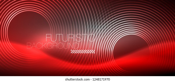 Neon circles abstract background, shiny lines, vector techno design