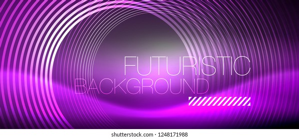 Neon circles abstract background, shiny lines, vector techno design