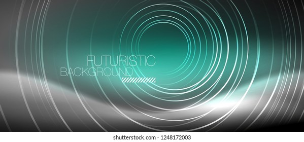 Neon circles abstract background, shiny lines, vector techno design