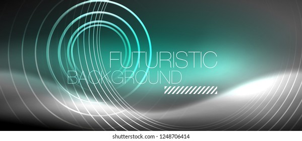 Neon circles abstract background, shiny lines, vector techno design