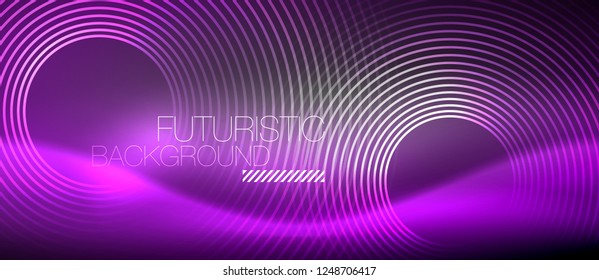 Neon circles abstract background, shiny lines, vector techno design