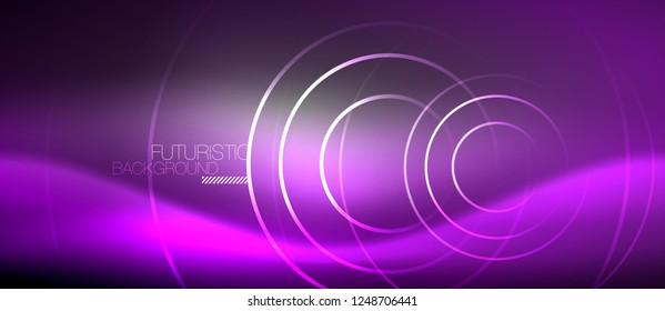 Neon circles abstract background, shiny lines, vector techno design