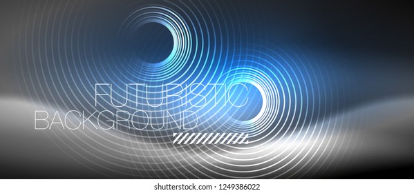 Neon circles abstract background, shiny lines, vector techno design