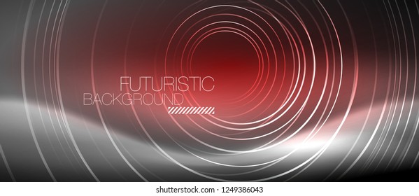 Neon circles abstract background, shiny lines, vector techno design