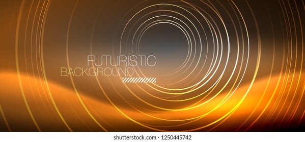 Neon circles abstract background, shiny lines, vector techno design