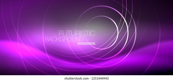 Neon circles abstract background, shiny lines, vector techno design