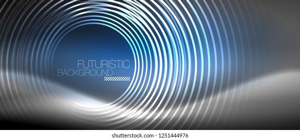 Neon circles abstract background, shiny lines, vector techno design