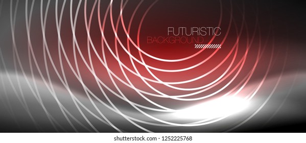 Neon circles abstract background, shiny lines, vector techno design