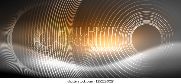 Neon circles abstract background, shiny lines, vector techno design