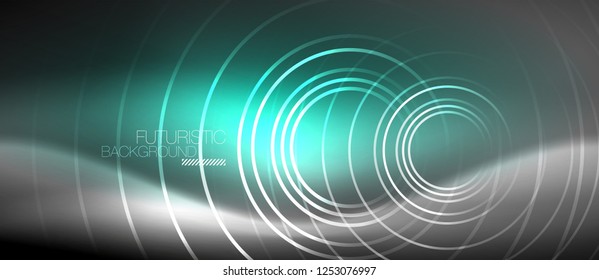 Neon circles abstract background, shiny lines, vector techno design