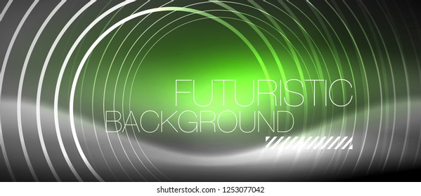 Neon circles abstract background, shiny lines, vector techno design
