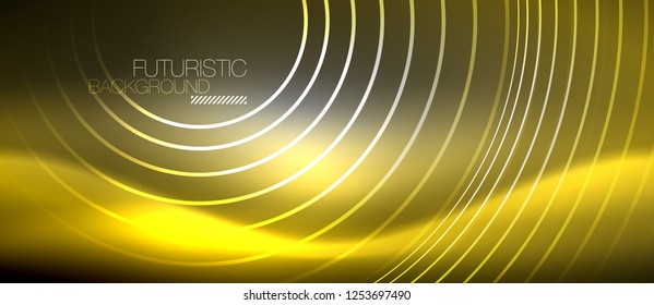 Neon circles abstract background, shiny lines, vector techno design