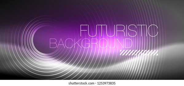 Neon circles abstract background, shiny lines, vector techno design