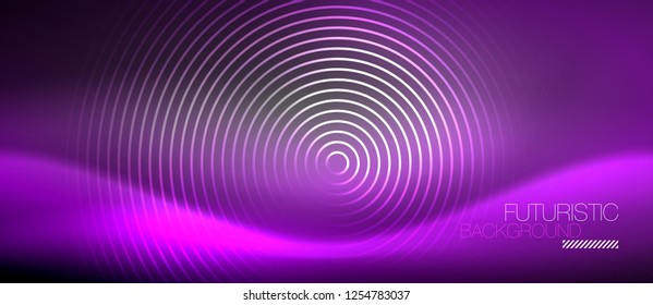Neon circles abstract background, shiny lines, vector techno design