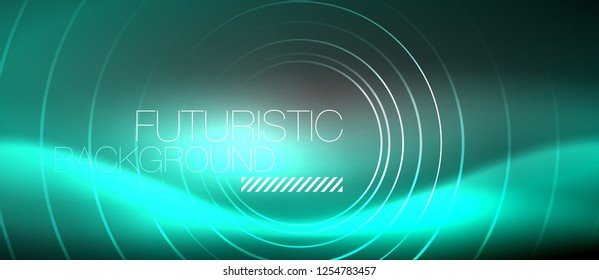 Neon circles abstract background, shiny lines, vector techno design
