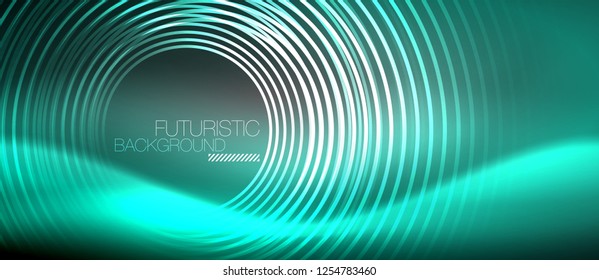 Neon circles abstract background, shiny lines, vector techno design